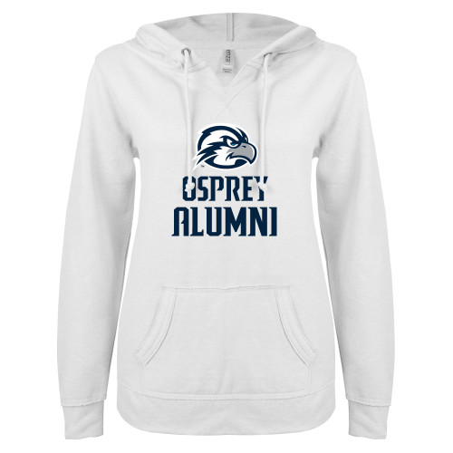  ENZA Womens White V Notch Raw Edge Fleece Hoodie - Osprey Alumni