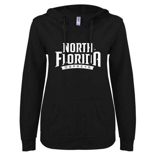  ENZA Womens Black V Notch Raw Edge Fleece Hoodie - UNF Primary Mark