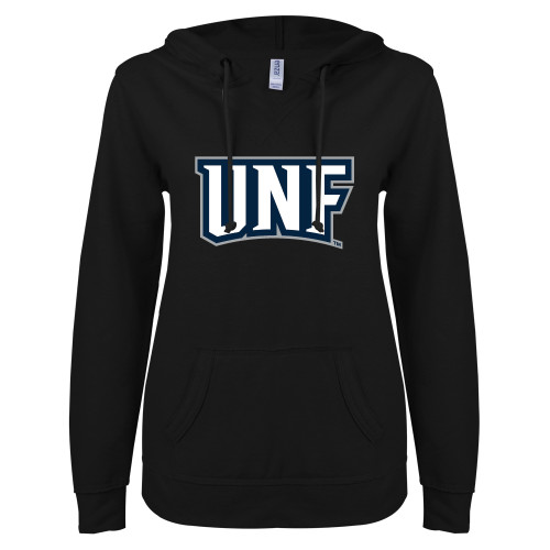  ENZA Womens Black V Notch Raw Edge Fleece Hoodie - UNF Monogram
