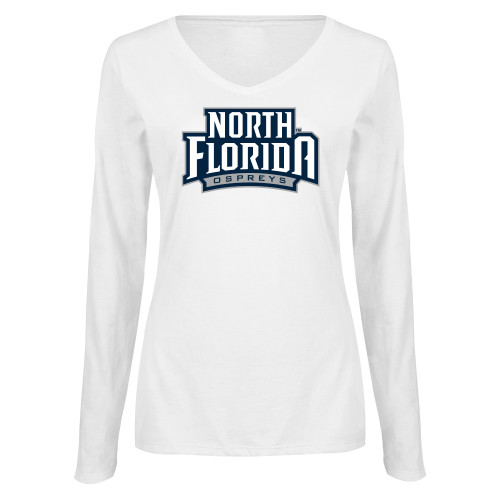  Womens White Long Sleeve V Neck Tee  - UNF Primary Mark
