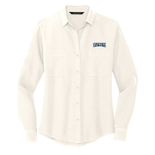 Mercer + Mettle Womens Ivory Crepe Long Sleeve Camp Blouse - Ospreys Wordmark