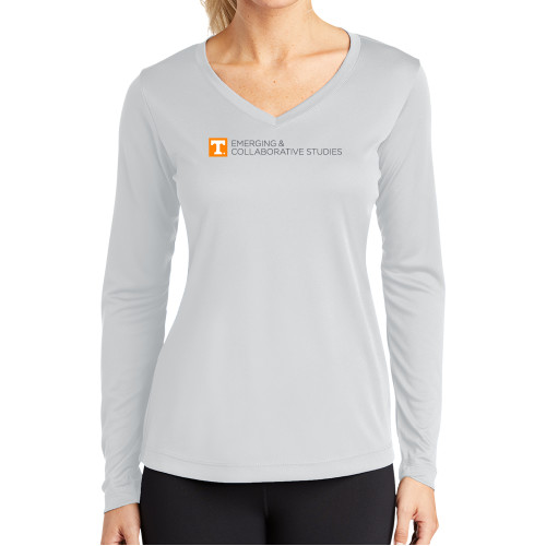  Womens White Performance Long Sleeve V Neck Shirt - UT Knoxville Emerging and Collaborative Studies