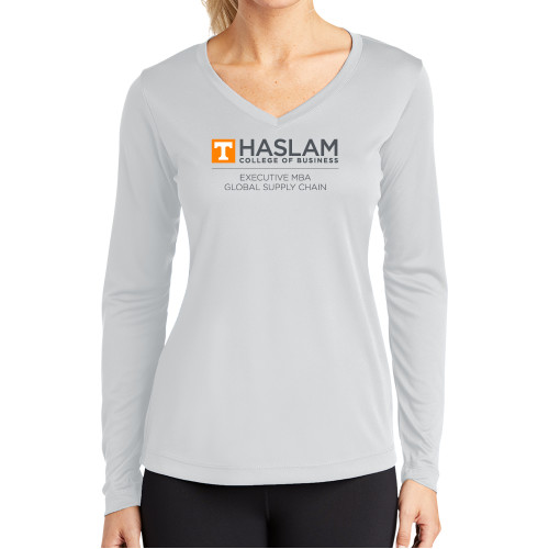  Womens White Performance Long Sleeve V Neck Shirt - Haslam College of Business Executive MBA Global Supply Chain Centered