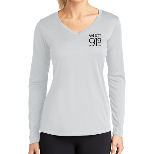  Womens White Performance Long Sleeve V Neck Shirt - UT Knoxville WUOT 919fm Square Logo