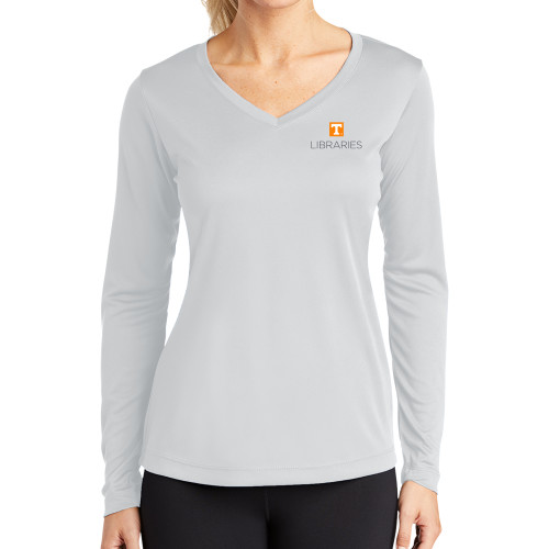  Womens White Performance Long Sleeve V Neck Shirt - UTK - Libraries Stacked