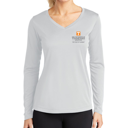  Womens White Performance Long Sleeve V Neck Shirt - College of Nursing