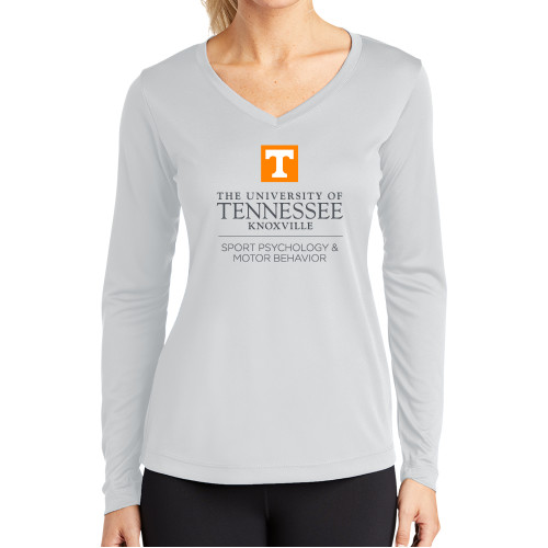  Womens White Performance Long Sleeve V Neck Shirt - Sport Psychology and Motor Behavior - UTK