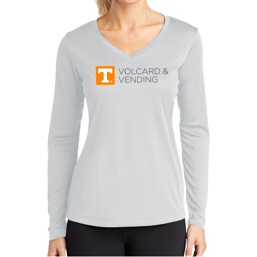  Womens White Performance Long Sleeve V Neck Shirt - Volcard and Vending