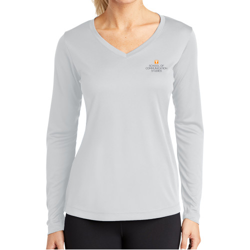  Womens White Performance Long Sleeve V Neck Shirt - School of Communication Studies