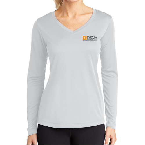  Womens White Performance Long Sleeve V Neck Shirt - Natalie L Haslam College of Music - UTK