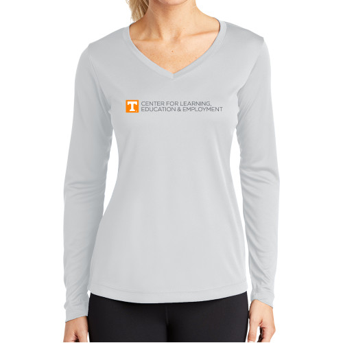  Womens White Performance Long Sleeve V Neck Shirt - Center for Learning  Education & Employment - Flat