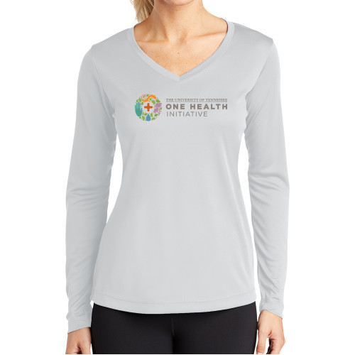  Womens White Performance Long Sleeve V Neck Shirt - One Health Initiative Horizontal