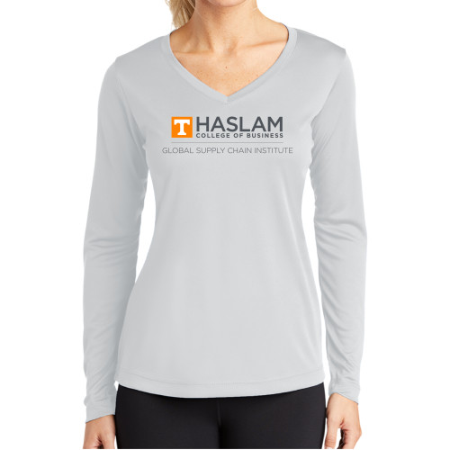  Womens White Performance Long Sleeve V Neck Shirt - Gobal Supply Chain Centered Logo