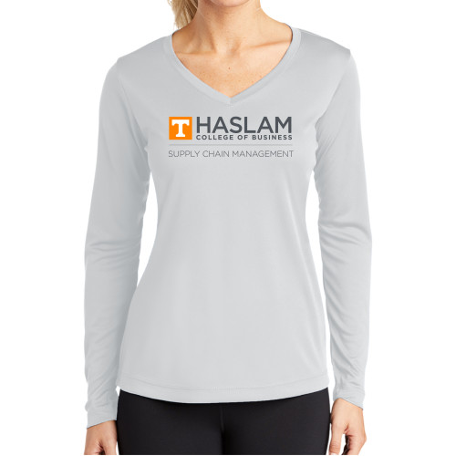  Womens White Performance Long Sleeve V Neck Shirt - Supply Chain Management Centered logo