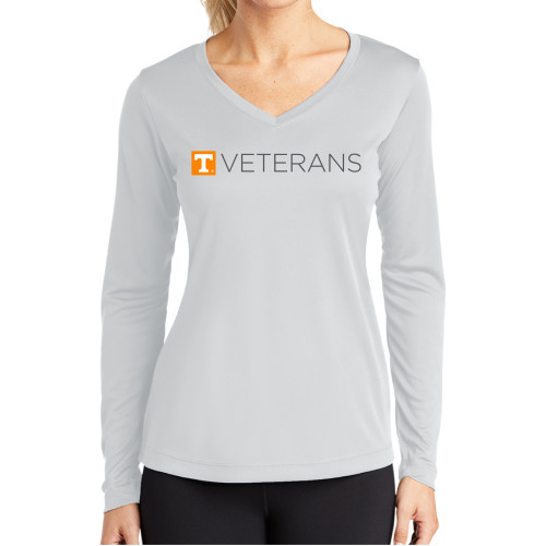 Womens White Performance Long Sleeve V Neck Shirt - Veterans