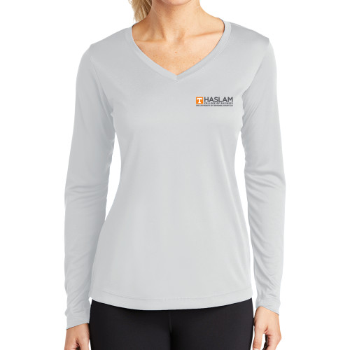  Womens White Performance Long Sleeve V Neck Shirt - HASLAM College of Business