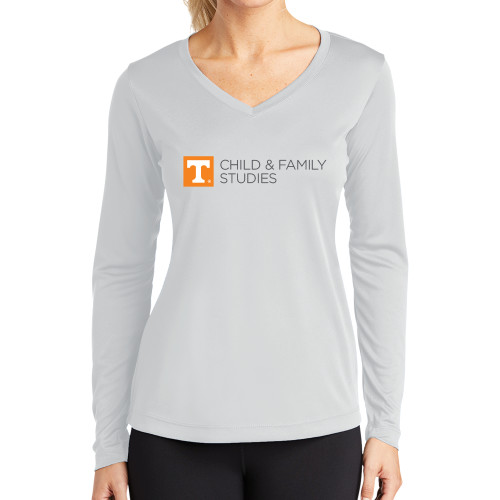  Womens White Performance Long Sleeve V Neck Shirt - Child and Family Studies