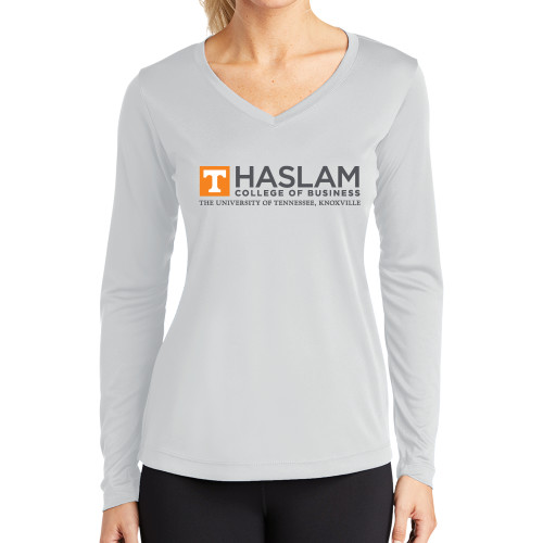  Womens White Performance Long Sleeve V Neck Shirt - HASLAM College of Business