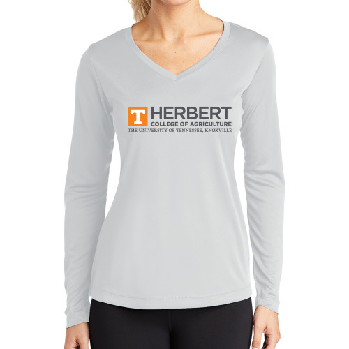  Womens White Performance Long Sleeve V Neck Shirt - HERBERT College of Agriculture