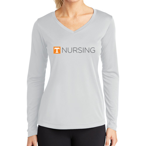  Womens White Performance Long Sleeve V Neck Shirt - Nursing