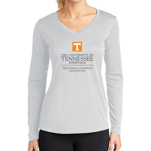  Womens White Performance Long Sleeve V Neck Shirt - Teaching and Learning Innovation