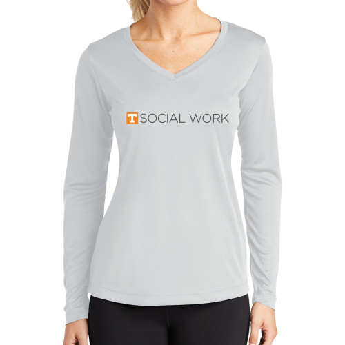  Womens White Performance Long Sleeve V Neck Shirt - Social Work