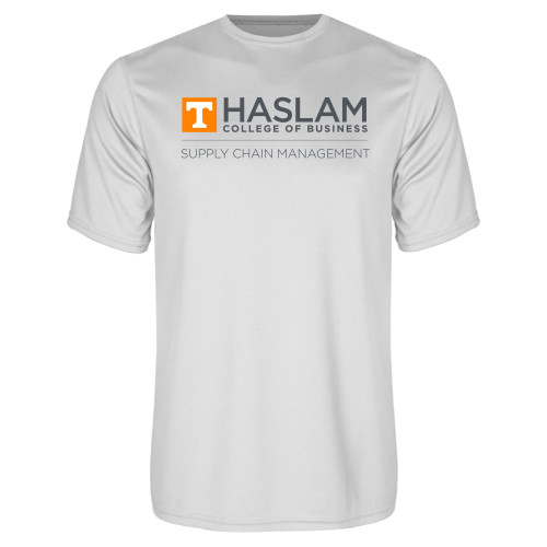  White Performance Tee - Supply Chain Management Centered logo