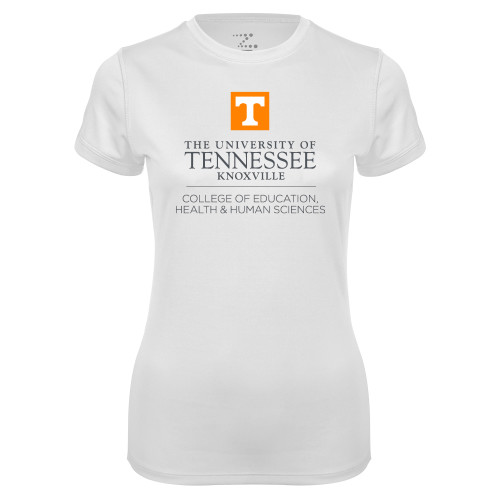  Womens White Performance Tee - College of Education Stacked