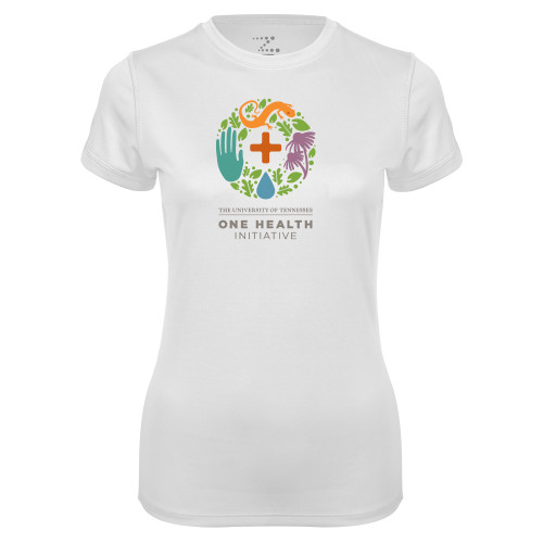  Womens White Performance Tee - One Health Initiative Vertical