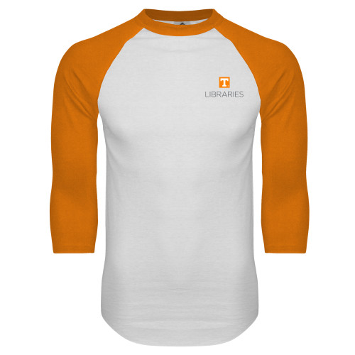  White/Orange Raglan Baseball T Shirt - UTK - Libraries Stacked