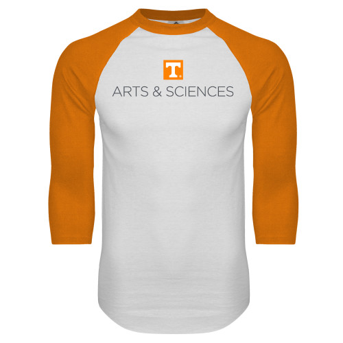  White/Orange Raglan Baseball T Shirt - UTK - Arts and Sciences Stacked One Line