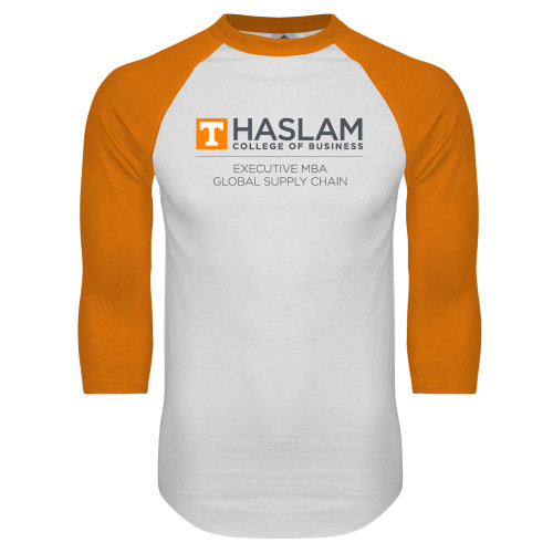  White/Orange Raglan Baseball T Shirt - Haslam College of Business Executive MBA Global Supply Chain Centered