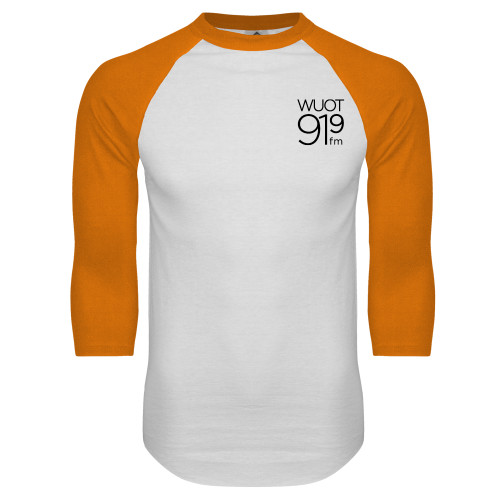  White/Orange Raglan Baseball T Shirt - UT Knoxville WUOT 919fm Square Logo