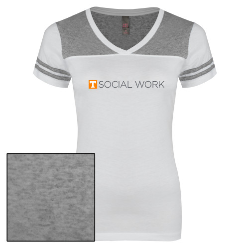  Womens White/Heather Grey Varsity V Neck Tee  - Social Work