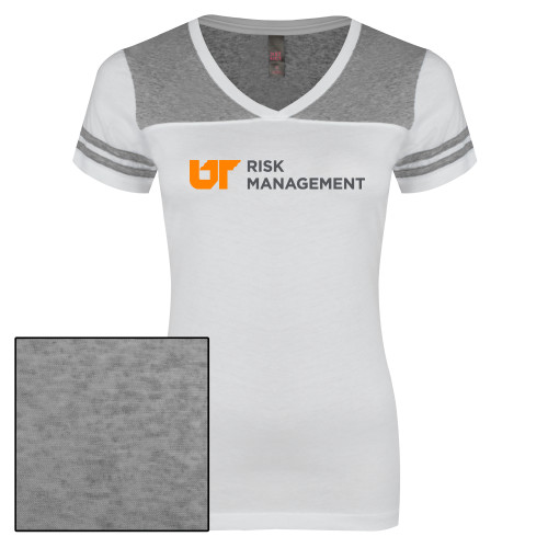  Womens White/Heather Grey Varsity V Neck Tee  - Risk Management