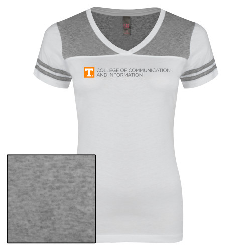  Womens White/Heather Grey Varsity V Neck Tee  - College of Communication and Information