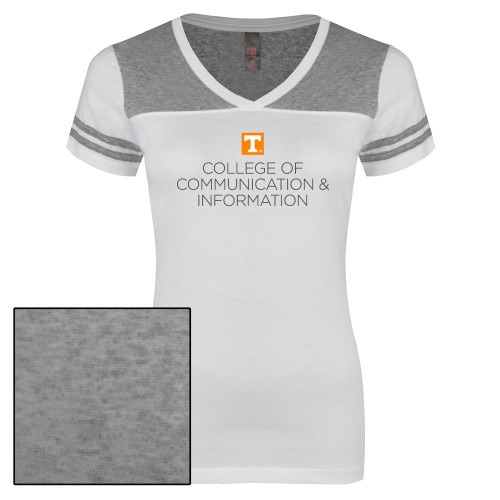  Womens White/Heather Grey Varsity V Neck Tee  - College of Communication and Information