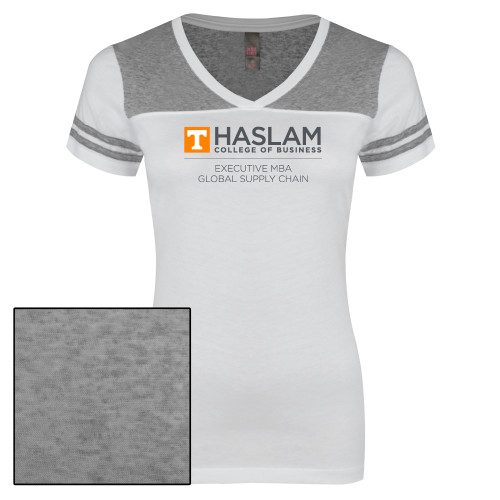  Womens White/Heather Grey Varsity V Neck Tee  - Haslam College of Business Executive MBA Global Supply Chain Centered