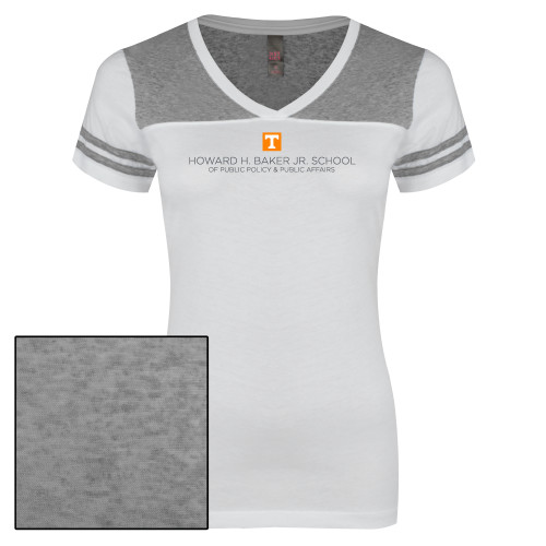  Womens White/Heather Grey Varsity V Neck Tee  - UTK - Baker School of Public Policy and Public Affairs