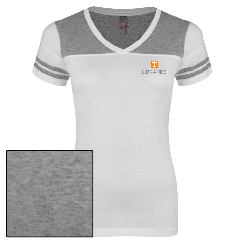  Womens White/Heather Grey Varsity V Neck Tee  - UTK - Libraries Stacked