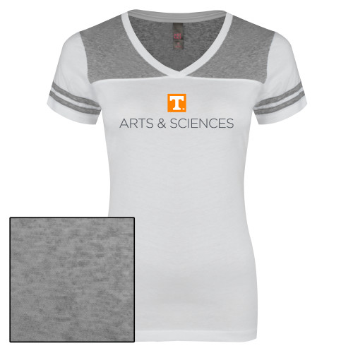  Womens White/Heather Grey Varsity V Neck Tee  - UTK - Arts and Sciences Stacked One Line