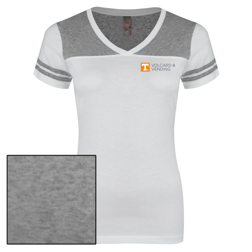  Womens White/Heather Grey Varsity V Neck Tee  - Volcard and Vending