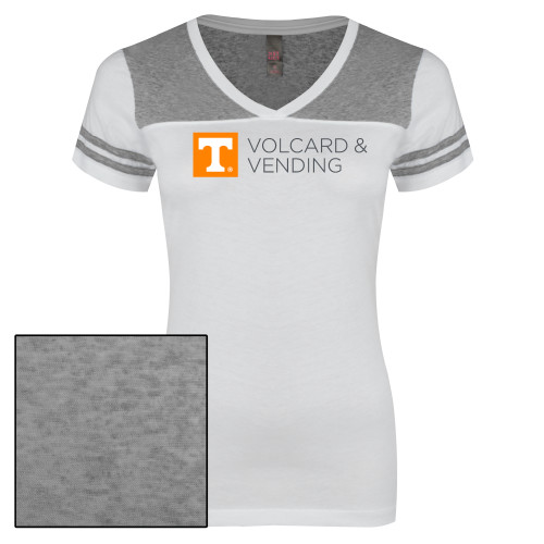  Womens White/Heather Grey Varsity V Neck Tee  - Volcard and Vending