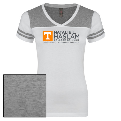  Womens White/Heather Grey Varsity V Neck Tee  - Natalie L Haslam College of Music - UTK