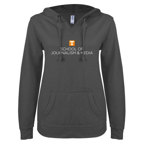  ENZA Womens Dark Heather V Notch Raw Edge Fleece Hoodie - UT Knoxville School of Journalism and Media