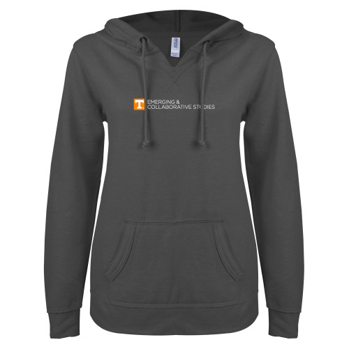  ENZA Womens Dark Heather V Notch Raw Edge Fleece Hoodie - UT Knoxville Emerging and Collaborative Studies