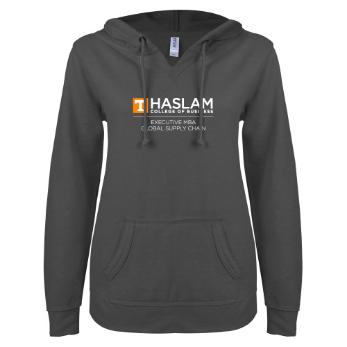  ENZA Womens Dark Heather V Notch Raw Edge Fleece Hoodie - Haslam College of Business Executive MBA Global Supply Chain Centered