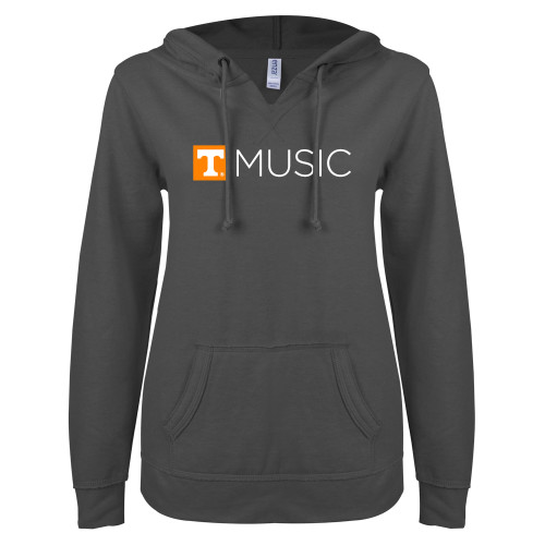  ENZA Womens Dark Heather V Notch Raw Edge Fleece Hoodie - UT Knoxville Music