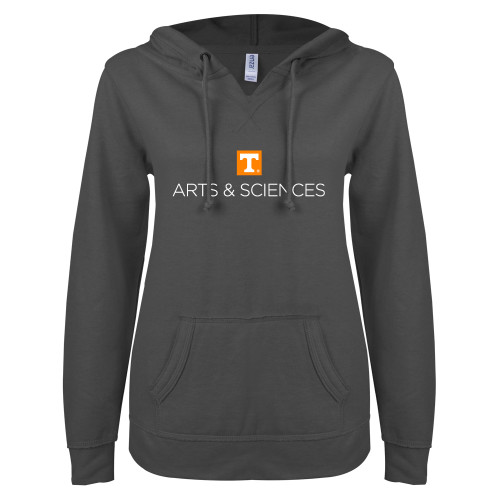  ENZA Womens Dark Heather V Notch Raw Edge Fleece Hoodie - UTK - Arts and Sciences Stacked One Line