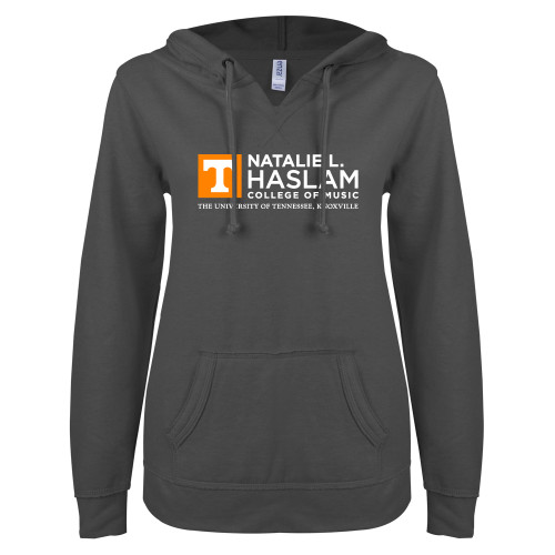  ENZA Womens Dark Heather V Notch Raw Edge Fleece Hoodie - Natalie L Haslam College of Music - UTK